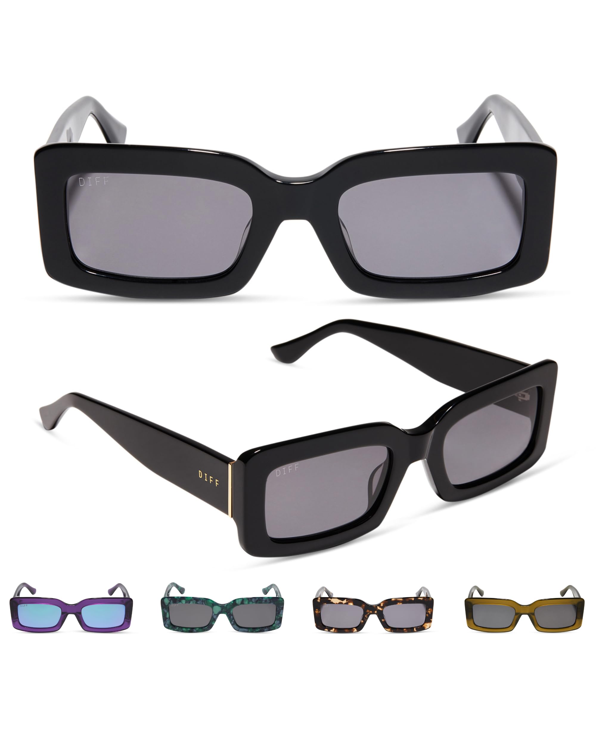 DIFF Indy Designer Polarized UV400 Rectangular Sunglasses for Women, Black + Grey